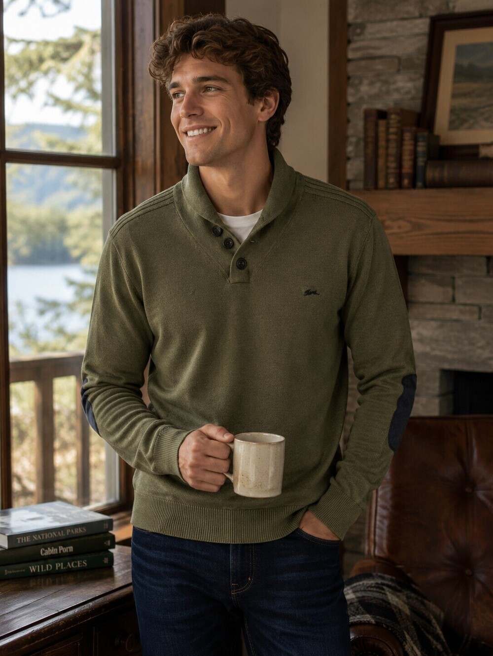 A. Tiziano XL $148 Olive Green Cotton Shawl Collar Sweater Navy Elbow Patches
